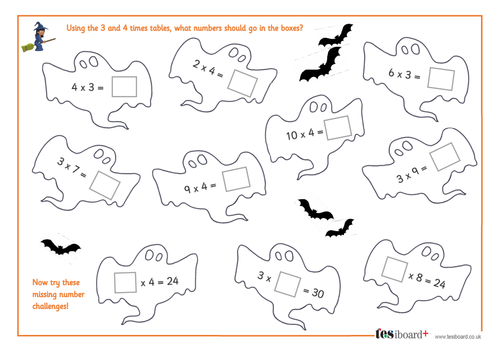 3 and 4 Times Tables - Spooky Maths Worksheet - Halloween ...