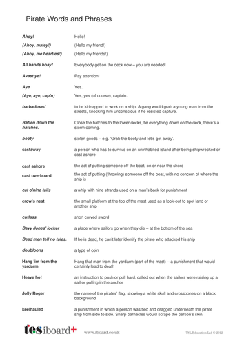 Word and Phrase List - Pirates - KS1 Literacy