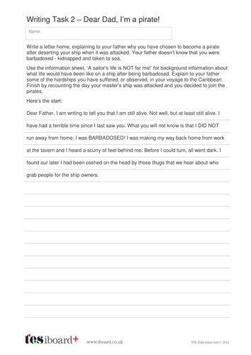 Writing Task - Dear Dad I'm a Pirate! - KS2 Literacy