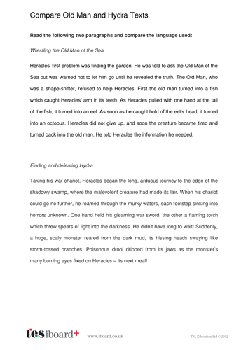 Story Comparison Worksheet - Old Man and the Sea / Hydra - KS2 Literacy