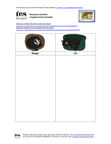 Information Worksheet - Mammals and Birds - KS1/KS2 Literacy