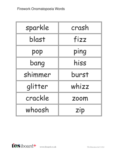 Onomatopoeia Words List - Fireworks - KS1 Literacy