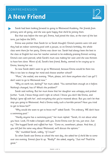A New Friend - Text and Questions Exercise - Year 5 Reading Comprehension (Fiction)