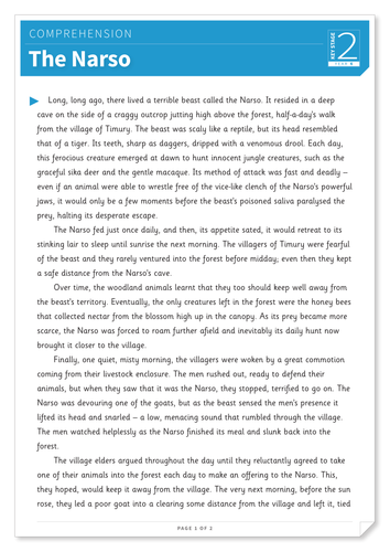 the narso text and questions exercise year 6 reading comprehension fiction teaching resources