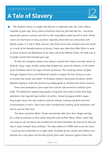 A Tale of Slavery - Text and Questions Exercise - Year 4 Reading Comprehension (Non-fiction)