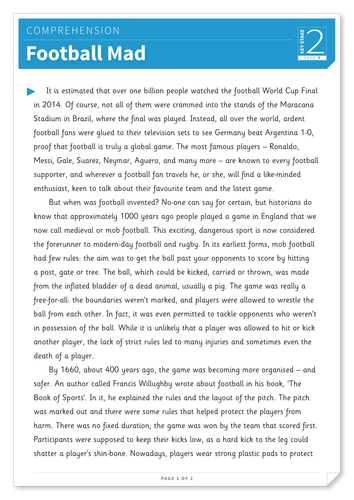 Football Mad - Text and Questions Exercise - Year 4 Reading Comprehension (Non-fiction)