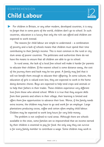 Child Labour - Text and Questions Exercise - Year 4 Reading Comprehension (Non-fiction)