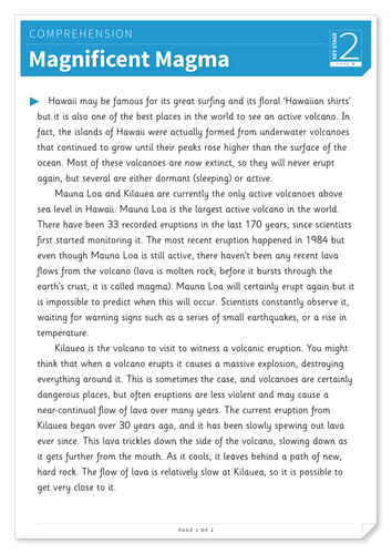 Magnificent Magma -Text and Questions Exercise - Year 5 Reading Comprehension (Non-fiction)