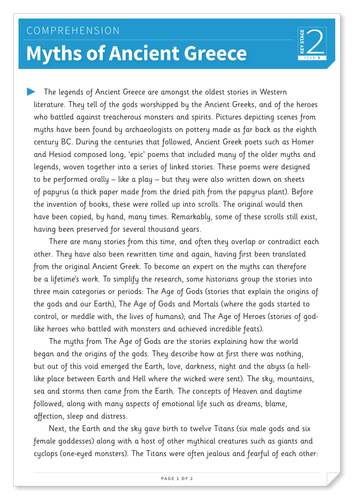 Myths of Ancient Greece - Text and Questions Exercise - Year 6 Reading Comprehension (Non-fiction)