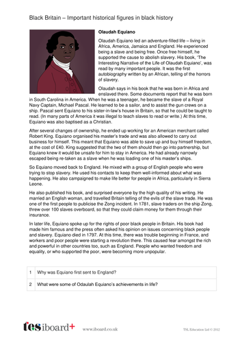 Olaudah Equiano - Profile and Writing Task - Black History in Britain KS2