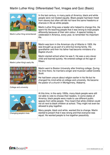 Comprehension Text and Question Worksheet (Reading Level A) - Martin Luther King Jr. KS2