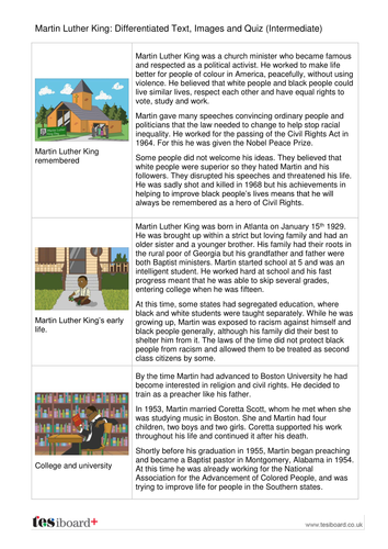 Comprehension Text and Question Worksheet (Reading Level B) - Martin Luther King Jr. KS2