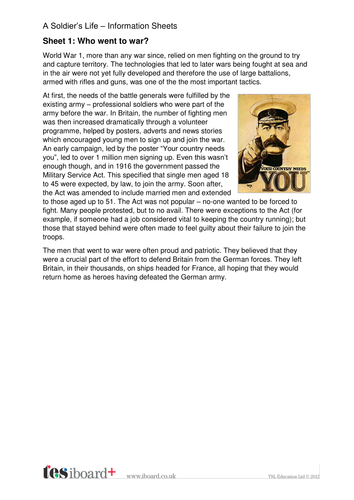A Soldier's Life Information Sheets - The World Wars KS2