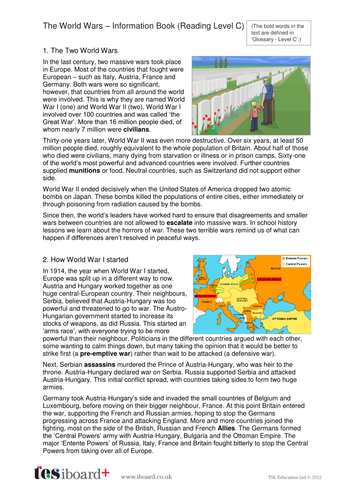 The World Wars Information Text and Images - Reading Level C - KS2