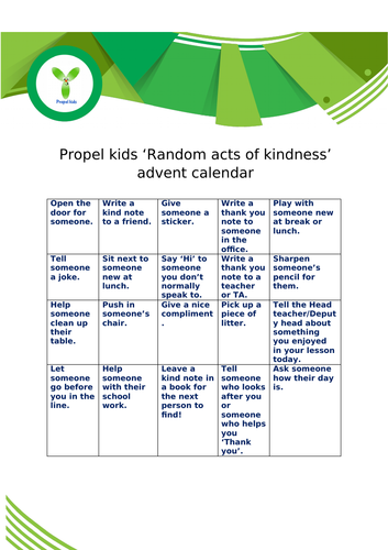 Random acts of kindness calendar Teaching Resources