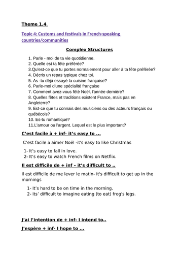 GCSE French Theme 1 Topic 4 Complex Structures