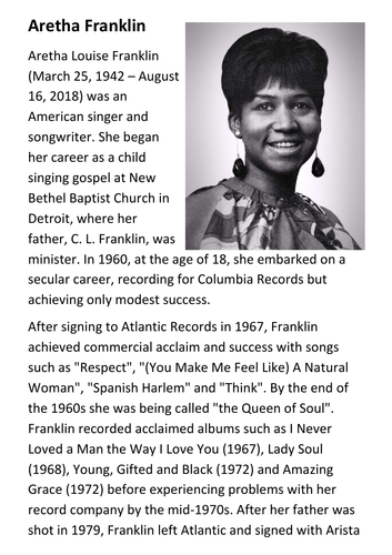 Aretha Franklin Handout | Teaching Resources