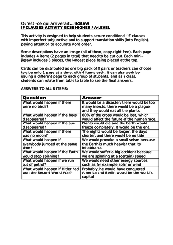 IF CLAUSES IMPERFECT SUBJUNCTIVE TRANSLATION JIGSAW ~ FRENCH GCSE HIGHER A LEVEL THINKING SKILLS