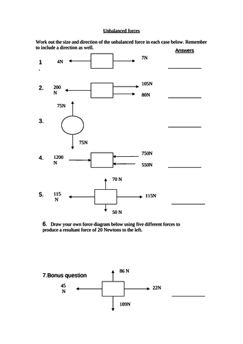 Resultant Unbalanced Force Worksheet