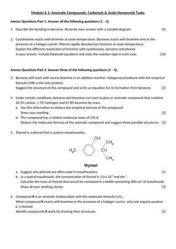 Aromatic Compounds, Carbonyls & Acids Homeworks