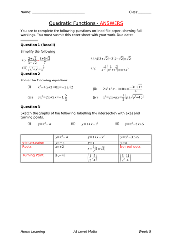 New A Level Maths Homework: Quadratic Functions