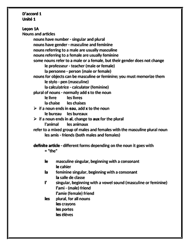 D'accord 1 Unité 1 Study Guide