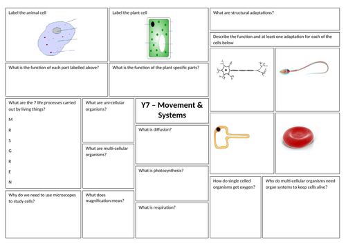 Y7 Organisms - Cells Revision pack 2020 - Based on AQA KS3 Science Programme of Study