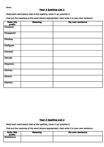 Year 4 Spelling Lists - Covering full Y4 curriculum