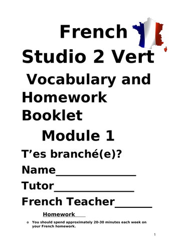 French: Vocabulary and Homework booklet Studio 2 Vert Module 1 (T’es branché(e)?)