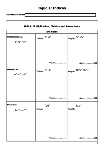 Indices - Worksheets + Further Practice 1 and 2 for a complete