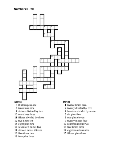 Numbers in English 0 to 20 Math Crossword