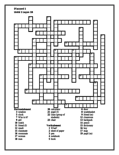 D'accord 1 Unité 1 Leçon B Crossword