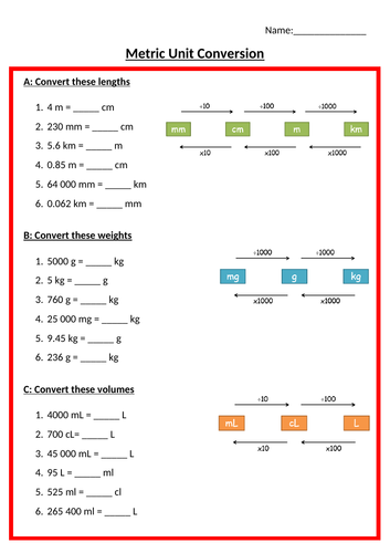 Metric Units Differentiated Worksheet