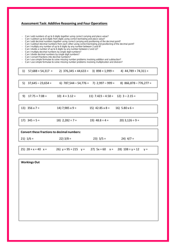 Year 6 arithmetic: Four Operations Assessment Task