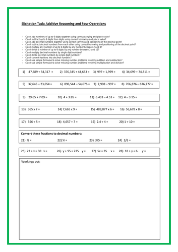 Year 6 arithmetic: Four Operations Elicitation and Assessment Worksheets