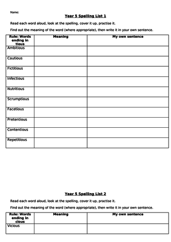 Year 5 Spelling Lists - Covering full Y5 curriculum