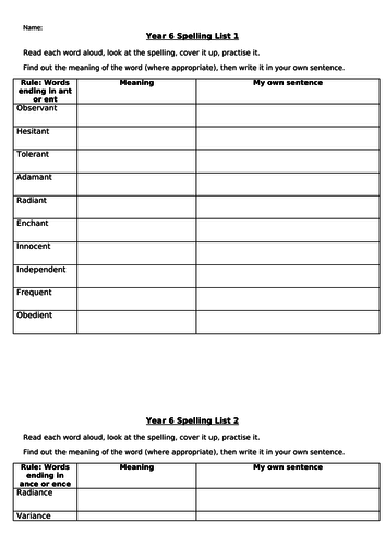 Year 6 Spelling Lists - Covering full Y6 curriculum