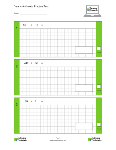 Year 4 Arithmetic Tests (Set of 10) with answers