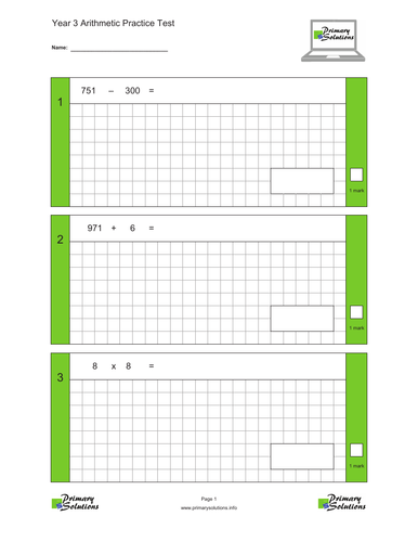 Year 3 Arithmetic Tests (Set of 10) with answers