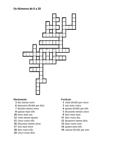Números (Numbers in Portuguese) 0 to 20 Math Crossword