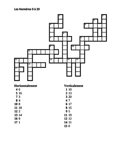 Numéros (Numbers in French) 0 to 20 Crossword