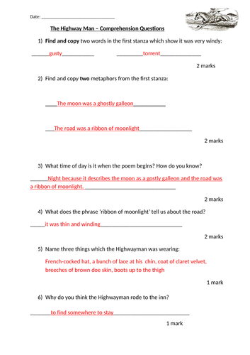 The Highwayman comprehension questions