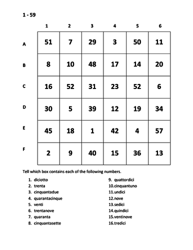 Numeri (Numbers in Italian) Find it Worksheet