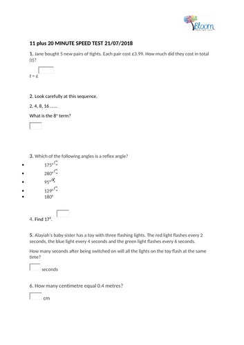 11 Plus timed 20 minute tests