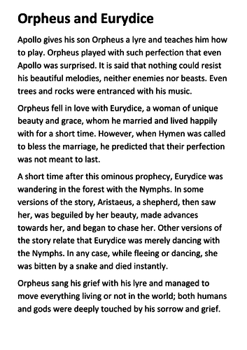 Orpheus and Eurydice Handout | Teaching Resources