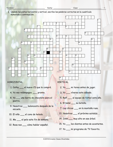 Future Simple Tense With Will Spanish Crossword Puzzle Teaching Resources