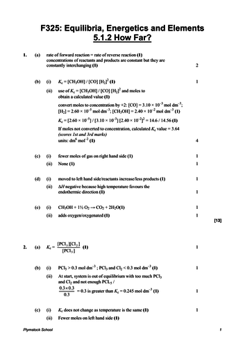 Ocr A Level Chemistry How Far Equilibria Exam Questions Teaching Resources 5721