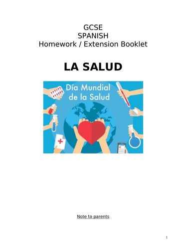 GCSE Spanish Homework or Extension Booklet on La Salud