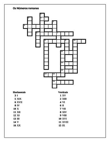 Números romanos (Roman numerals in Portuguese) 1 to 20 Crossword