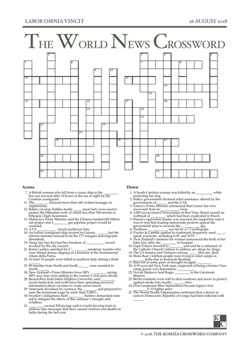 The World News Crossword - August 26th, 2018